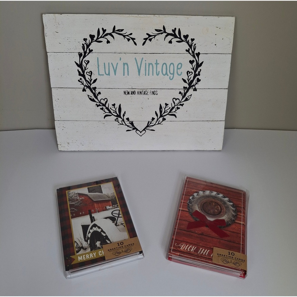 Set of 2 Farmhouse Christmas Holiday Cards Tractor Barn Tire Red Bow HaynesBesco